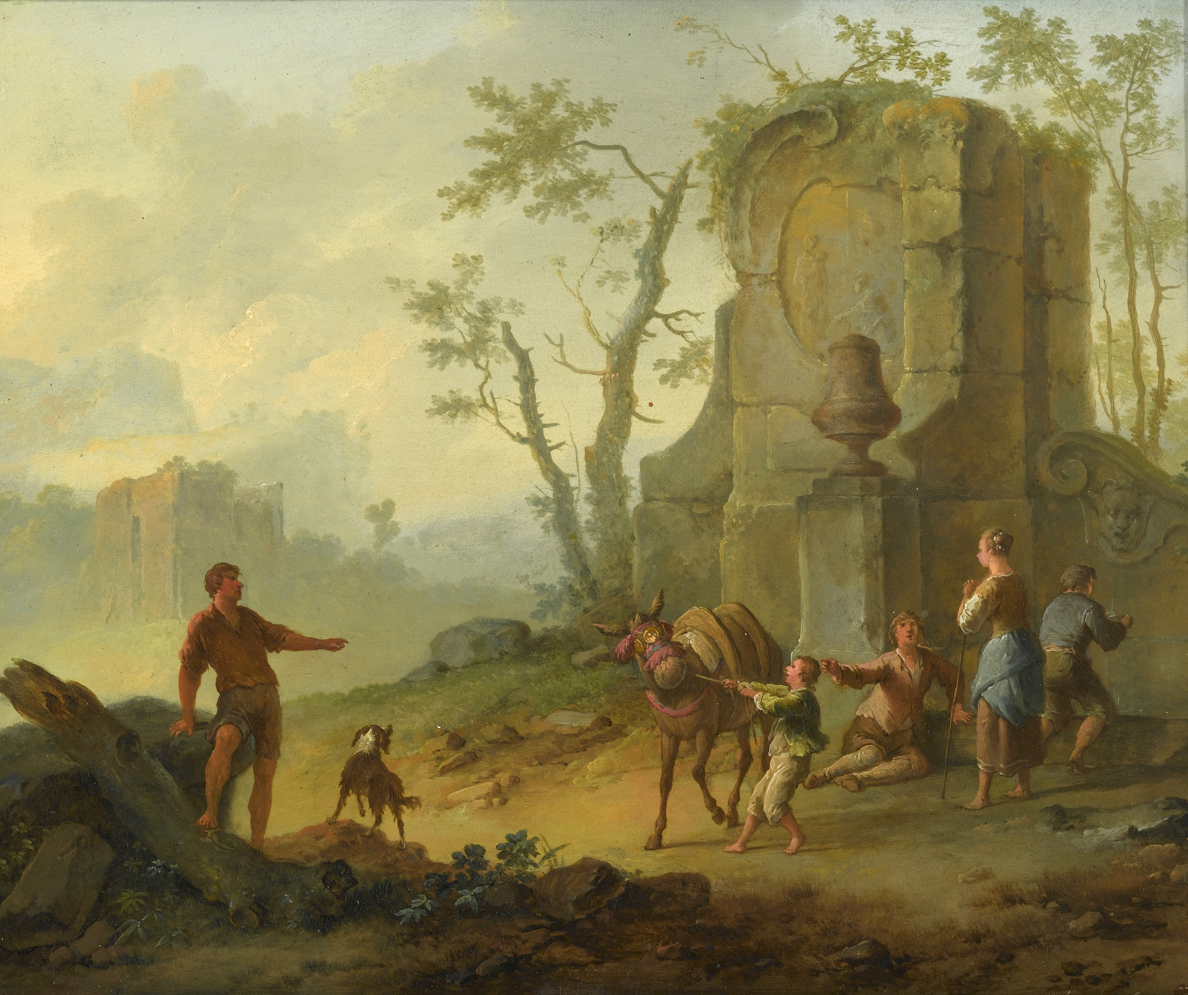 "A Classical Landscape with a Family Resting by the Ruins of a Fountain, a Man with a Pack-Donkey Passing by" & "A Classical Landscape with a Family Resting by the Ruins, a Boy Struggling with an Obstinate Pack Mule"